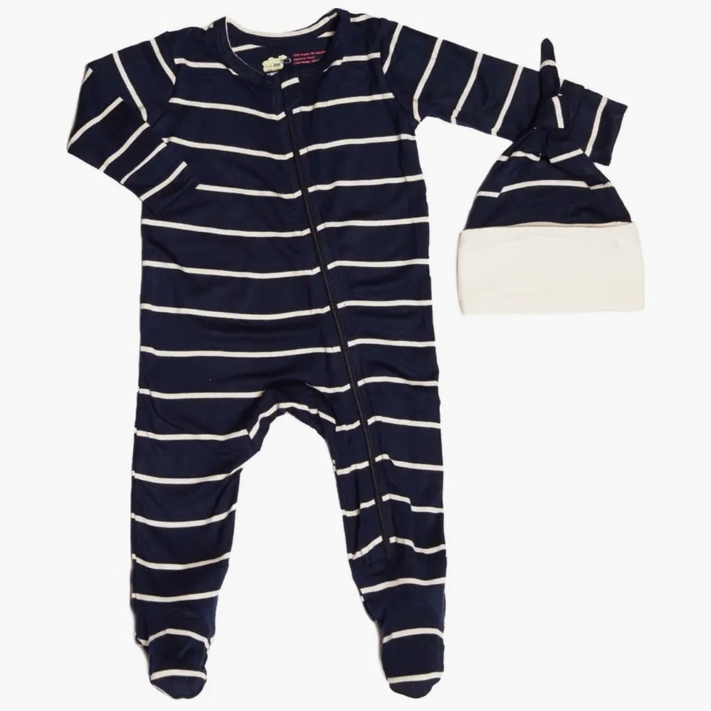 Baby Grey by Everly Grey Navy Striped Jersey Footie & Hat Set | 0-3M
